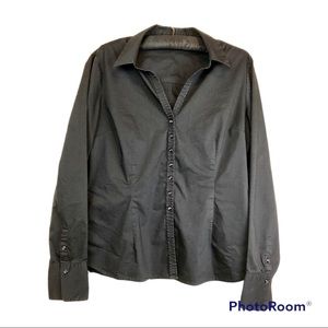 New York & Co. Classic Stretch Button Down Dress Top Black Size L